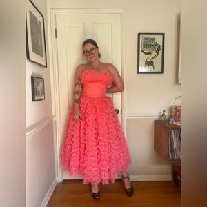 50s Vintage Hot Pink Tulle and Lace Cupcake Dress with Shelf Bust